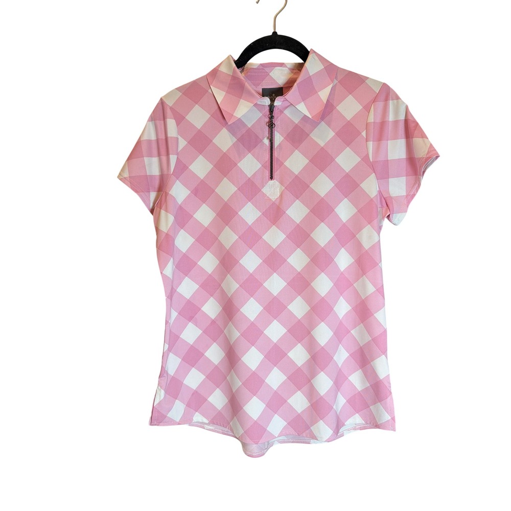 Belyn Key Womens Pink White Gingham Check Quarter Zip Golf Polo Shirt XS